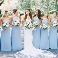 Simple A-Line Halter Sky Blue Chiffon Bridesmaid Dresses - Thumbnail 1