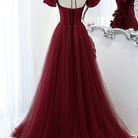 Burgundy tulle long A line prom dress evening dress - Thumbnail 4