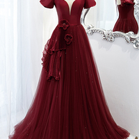 Burgundy tulle long A line prom dress evening dress - Thumbnail 5