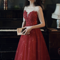 Burgundy lace long A line prom dress evening dress - Thumbnail 1