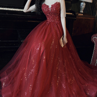 Burgundy lace long A line prom dress evening dress - Thumbnail 2