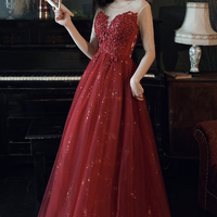 Burgundy lace long A line prom dress evening dress - Thumbnail 3