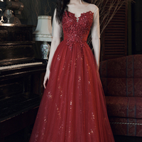 Burgundy lace long A line prom dress evening dress - Thumbnail 4