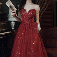 Burgundy lace long A line prom dress evening dress - Thumbnail 5