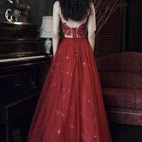 Burgundy lace long A line prom dress evening dress - Thumbnail 6