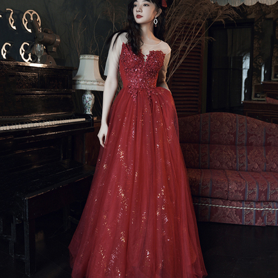 Burgundy lace long a line prom dress evening dress - Thumbnail 4