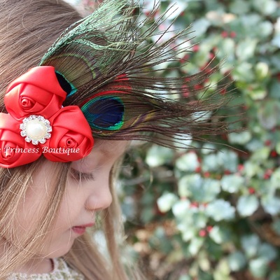 Triple satin flower headbands with peacock feathers - Thumbnail 5