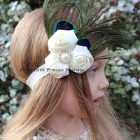 Triple Satin Flower Headbands with Peacock Feathers - Thumbnail 1