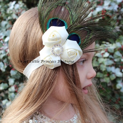Triple satin flower headbands with peacock feathers