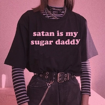 Cute black satan sugar daddy print short sleeve t-shirt goth punk aesthetic casual summer e-girl kawaii korean japanese harajuku