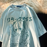 Cute Sad Anime Girl Cartoon Print Short Sleeve T-shirt Loose Punk Goth Aesthetic Casual Summer E-Girl Kawaii Korean Japanese Harajuku - Thumbnail 2