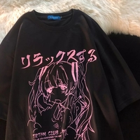 Cute Sad Anime Girl Cartoon Print Short Sleeve T-shirt Loose Punk Goth Aesthetic Casual Summer E-Girl Kawaii Korean Japanese Harajuku - Thumbnail 5