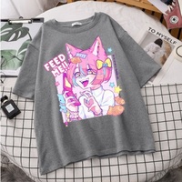 Cute Pastel Sweet Fox Anime Girl Cartoon Print Short Sleeve T-shirt Loose Punk Aesthetic Casual Summer E-Girl Kawaii Korean Japanese Harajuku - Thumbnail 3