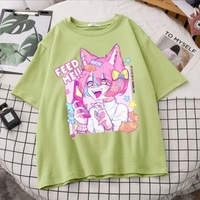 Cute Pastel Sweet Fox Anime Girl Cartoon Print Short Sleeve T-shirt Loose Punk Aesthetic Casual Summer E-Girl Kawaii Korean Japanese Harajuku - Thumbnail 9