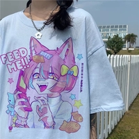 Cute Pastel Sweet Fox Anime Girl Cartoon Print Short Sleeve T-shirt Loose Punk Aesthetic Casual Summer E-Girl Kawaii Korean Japanese Harajuku - Thumbnail 1