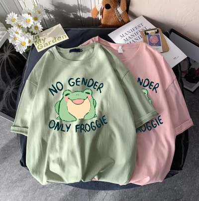 Cute Green Frog No Gender Funny Cartoon Print Short Sleeve T-shirt Oversize Loose Aesthetic Casual Summer E-Girl Kawaii Korean Japanese Haraju