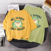 Cute Green Frog No Gender Funny Cartoon Print Short Sleeve T-shirt Oversize Loose Aesthetic Casual Summer E-Girl Kawaii Korean Japanese Haraju - Thumbnail 2