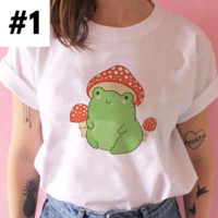 Cute Frog Mushroom Plant Cartoon Print Loose Oversize Short Sleeve T-shirt Punk Aesthetic Casual Summer E-Girl Kawaii Korean Japanese Harajuku - Thumbnail 1