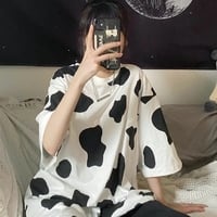 Cute Cow Anime Print Oversized Loose Short Sleeve T-shirt Punk Goth Aesthetic Casual Summer E-Girl Kawaii Korean Japanese Harajuku Streetwear - Thumbnail 2