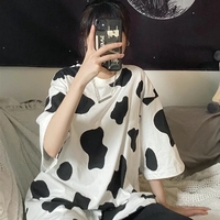 Cute Cow Anime Print Oversized Loose Short Sleeve T-shirt Punk Goth Aesthetic Casual Summer E-Girl Kawaii Korean Japanese Harajuku Streetwear - Thumbnail 5