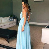 Spaghetti Straps Sky Blue Chiffon Long Prom Dresses - Thumbnail 1