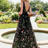 A Line Print V Neck Black Long Prom Dresses - Thumbnail 1