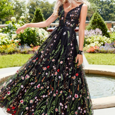 A line print v neck black long prom dresses - Thumbnail 4