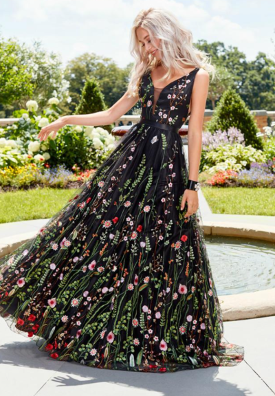 A Line Print V Neck Black Long Prom Dresses