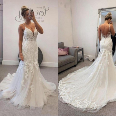 Spaghetti straps mermaid v neck lace wedding dresses  - Thumbnail 4