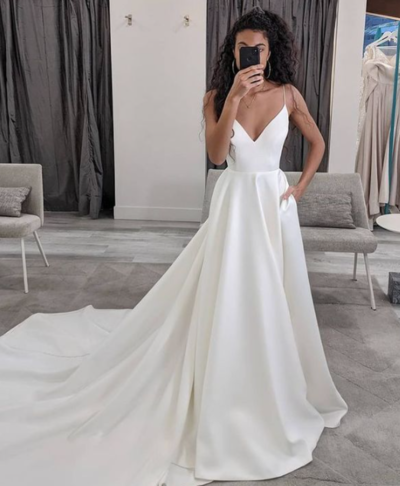 Ball Gown V Neck Straps Satin Wedding Dresses with pockets