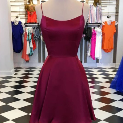 Simple burgundy short homecoming dresses,cross back short prom dresses - Thumbnail 3