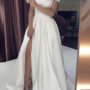 Off the Shoulder Open Back Ivory Satin Long Prom Dresses with High Split-1