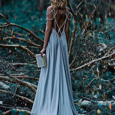 Sexy dusty blue long prom dresses with pearl  - Thumbnail 4