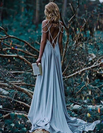 Sexy Dusty Blue Long Prom Dresses With Pearl 