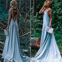 Sexy Dusty Blue Long Prom Dresses With Pearl  - Thumbnail 1