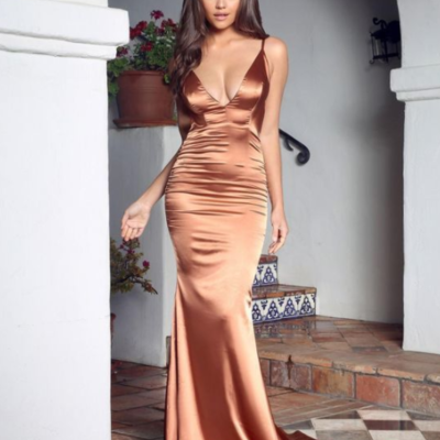 Deep v neck backless satin long prom dresses,evening dresses - Thumbnail 4
