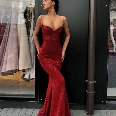 Dark red sequins long prom dress,mermaid evening party dress - Thumbnail 4