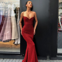 Dark Red Sequins Long Prom Dress,Mermaid Evening Party Dress - Thumbnail 1