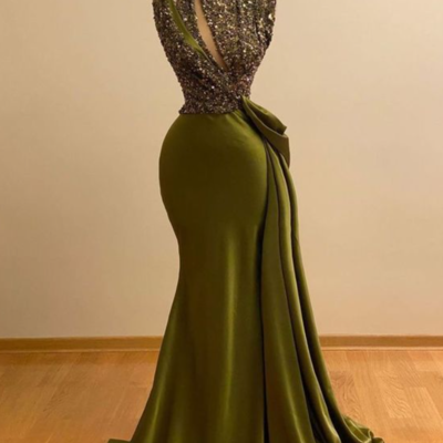 Vintage sparkly sequins olive green prom dresses  - Thumbnail 5
