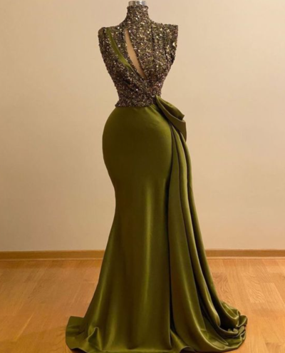 Vintage Sparkly Sequins Olive Green Prom Dresses 