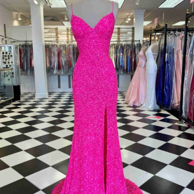 Hot pink a line straps long prom dress with slit - Thumbnail 3