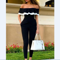 Sexy Strapless Slim Short Sleeves Ruffle Jumpsuit - Thumbnail 2
