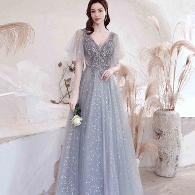 Gray tulle sequins long a line prom dress evening dress - Thumbnail 3