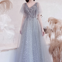 Gray tulle sequins long A line prom dress evening dress - Thumbnail 2