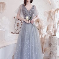 Gray tulle sequins long A line prom dress evening dress - Thumbnail 4