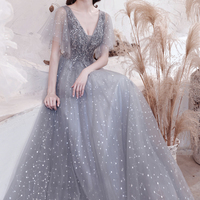 Gray tulle sequins long A line prom dress evening dress - Thumbnail 3