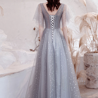 Gray tulle sequins long A line prom dress evening dress - Thumbnail 6