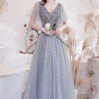 Gray tulle sequins long A line prom dress evening dress - Thumbnail 5