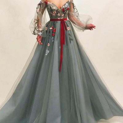 Chic a-line off the shoulder long sleeve tulle lace prom evening dresses