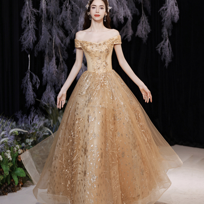 Gold tulle sequins long a line prom dress evening dress - Thumbnail 5